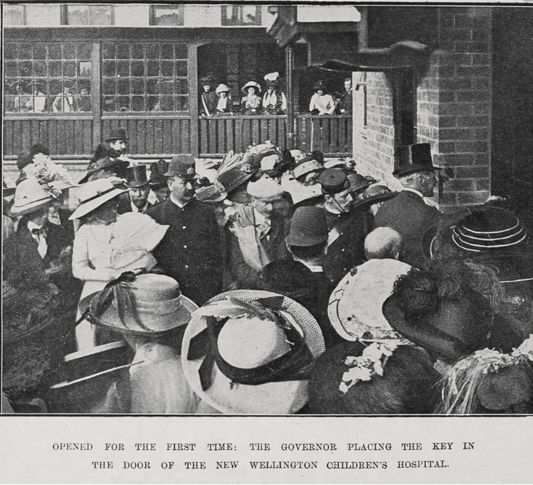 Children's Hospital Opening, 1912. Wellington Hospital Archives, as gathered by Ron Easthope, honorary archivist and retired cardiologist. Further image details unknown; reproduced with permission from Health New Zealand | Te Whatu Ora.