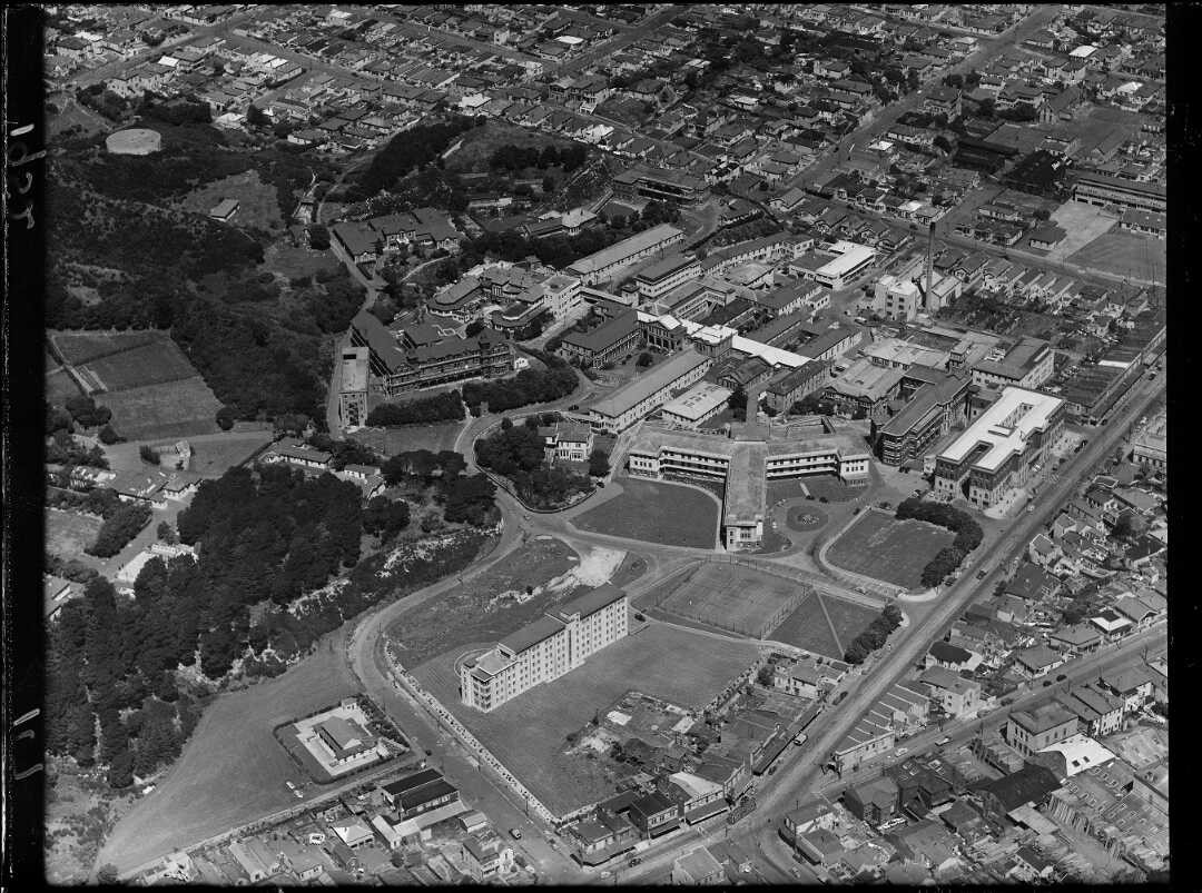 Aerial view of Wellington Public Hospital buildings, Newtown, Wellington. From the Evening Post newspaper, published 16 January 1952. Ref: 114/423/11-G, /records/22745051. Alexander Turnbull Library, Wellington, New Zealand. Reproduced with permission.