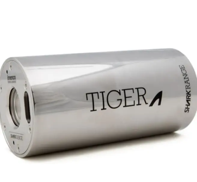 Shiny silver Tiger brand cylindrical exhaust muffler with Shark Range logo on the side.