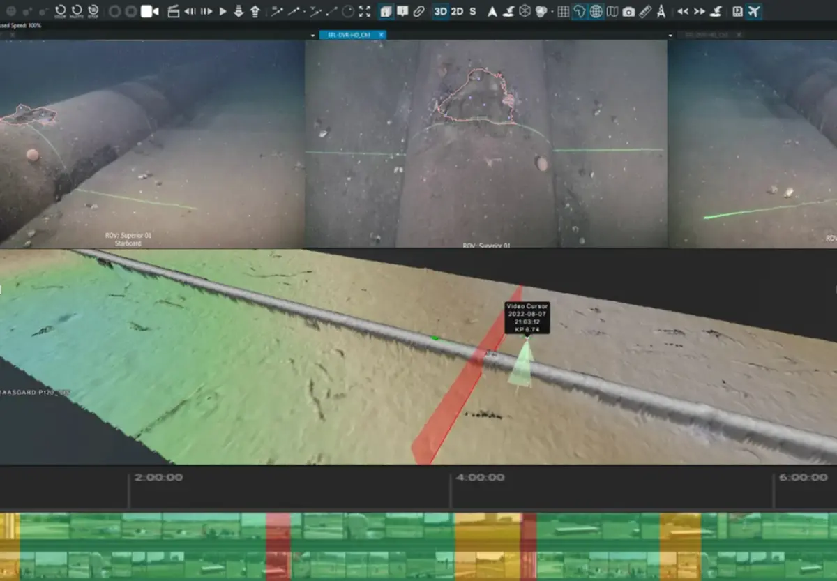 Underwater pipeline inspection dashboard showing 3 video feeds and 3D pipeline model with highlighted damage.