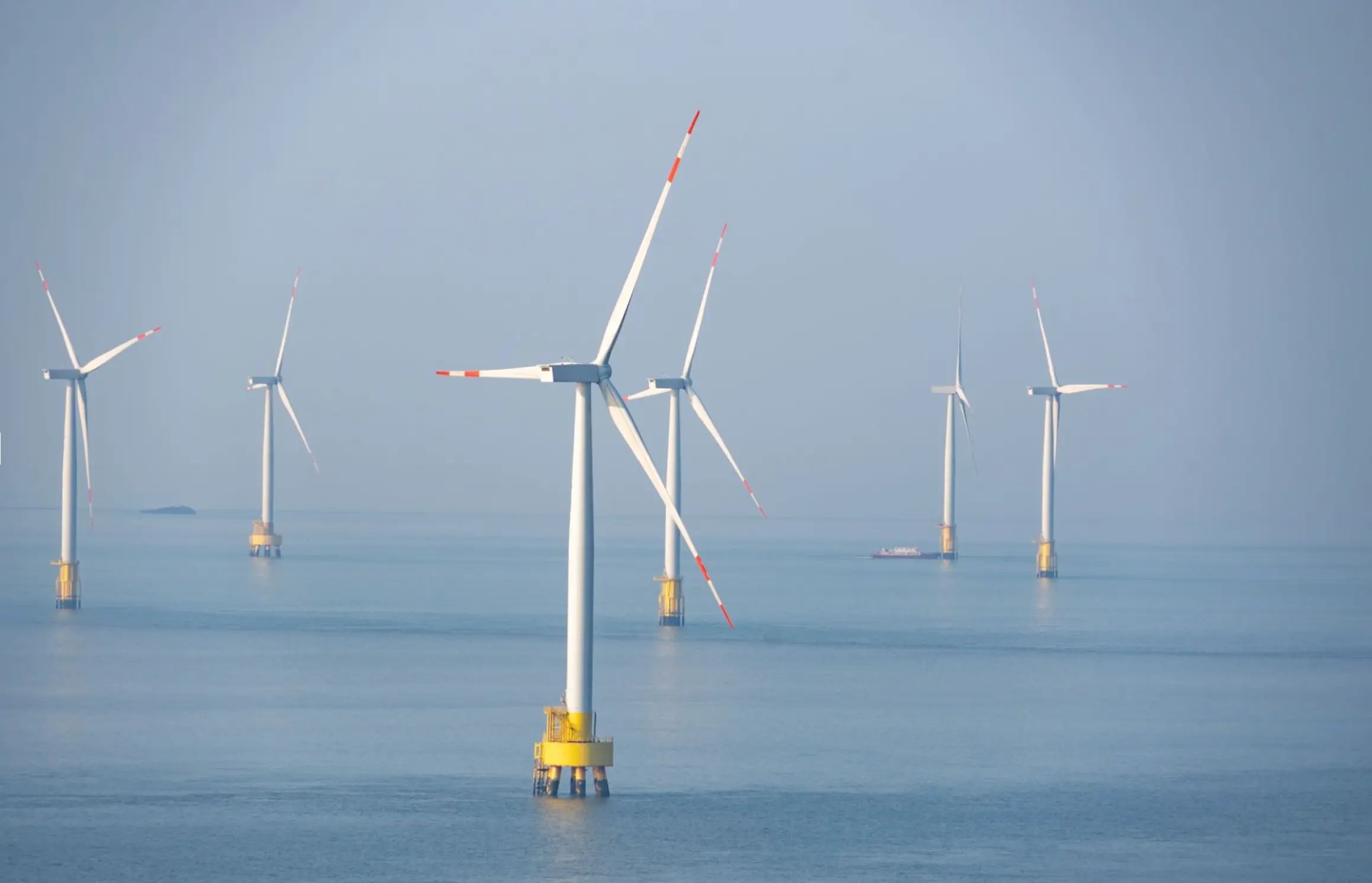 A row of offshore wind turbines with white towers and blades tipped in red, standing in calm blue sea under a clear sky, with a ship visible in the distance.