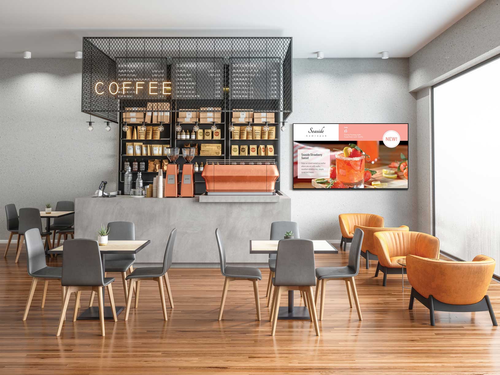 Écran affichant un menu digital dans un café