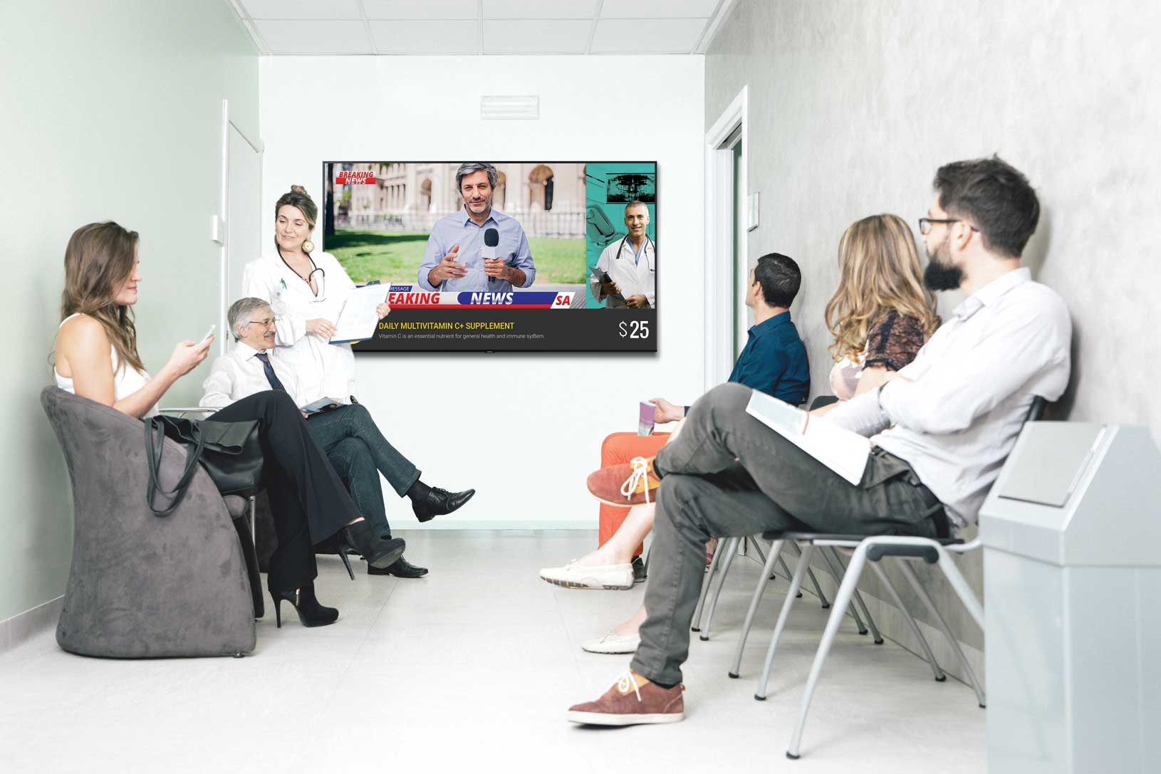 Écran d'information en salle d'attente d'un établissement de santé