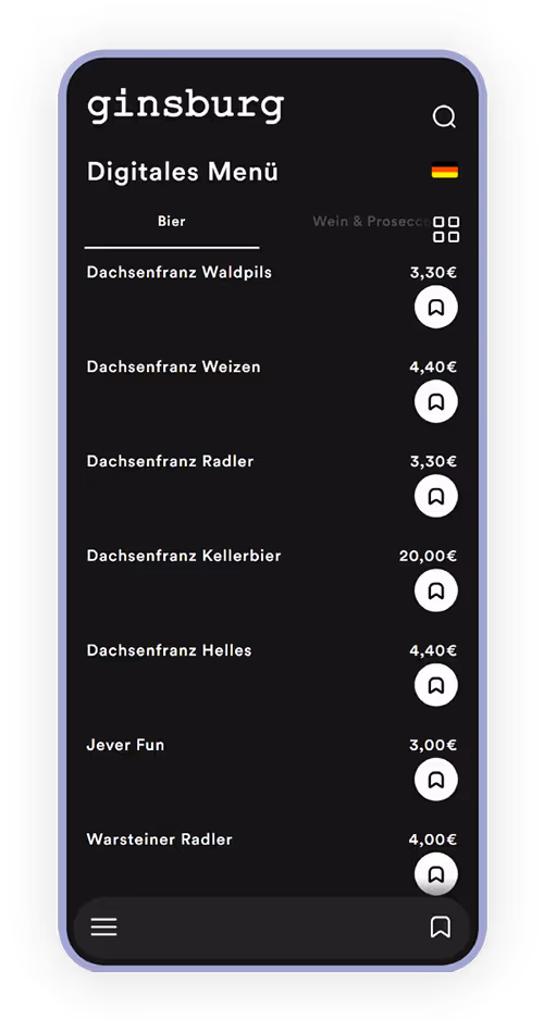 Ginsburg Getränkekarte