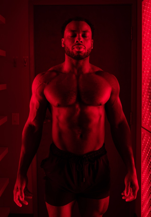 Shirtless man standing in front of red light therapy panel