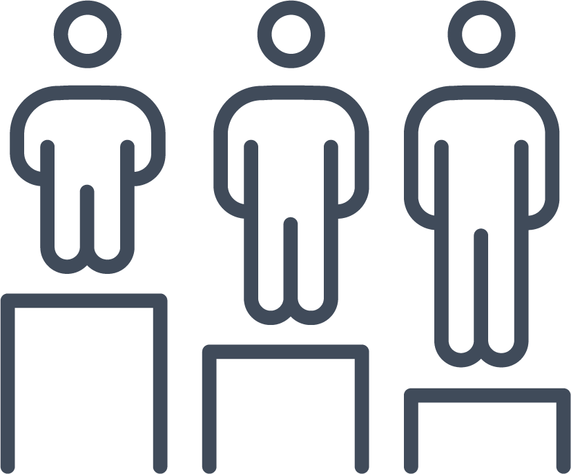 equity icon (three people of various heights standing at an equal height due to different sized pillars they are standing on)