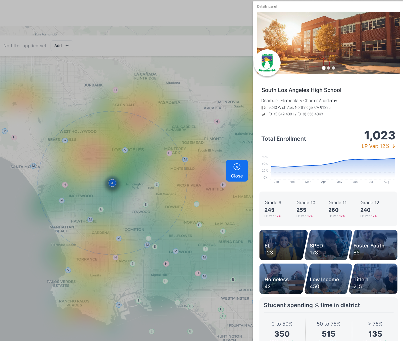 Screenshot of the Enrollment Dashboard showing geographic patterns and a school profile with enrollment data
