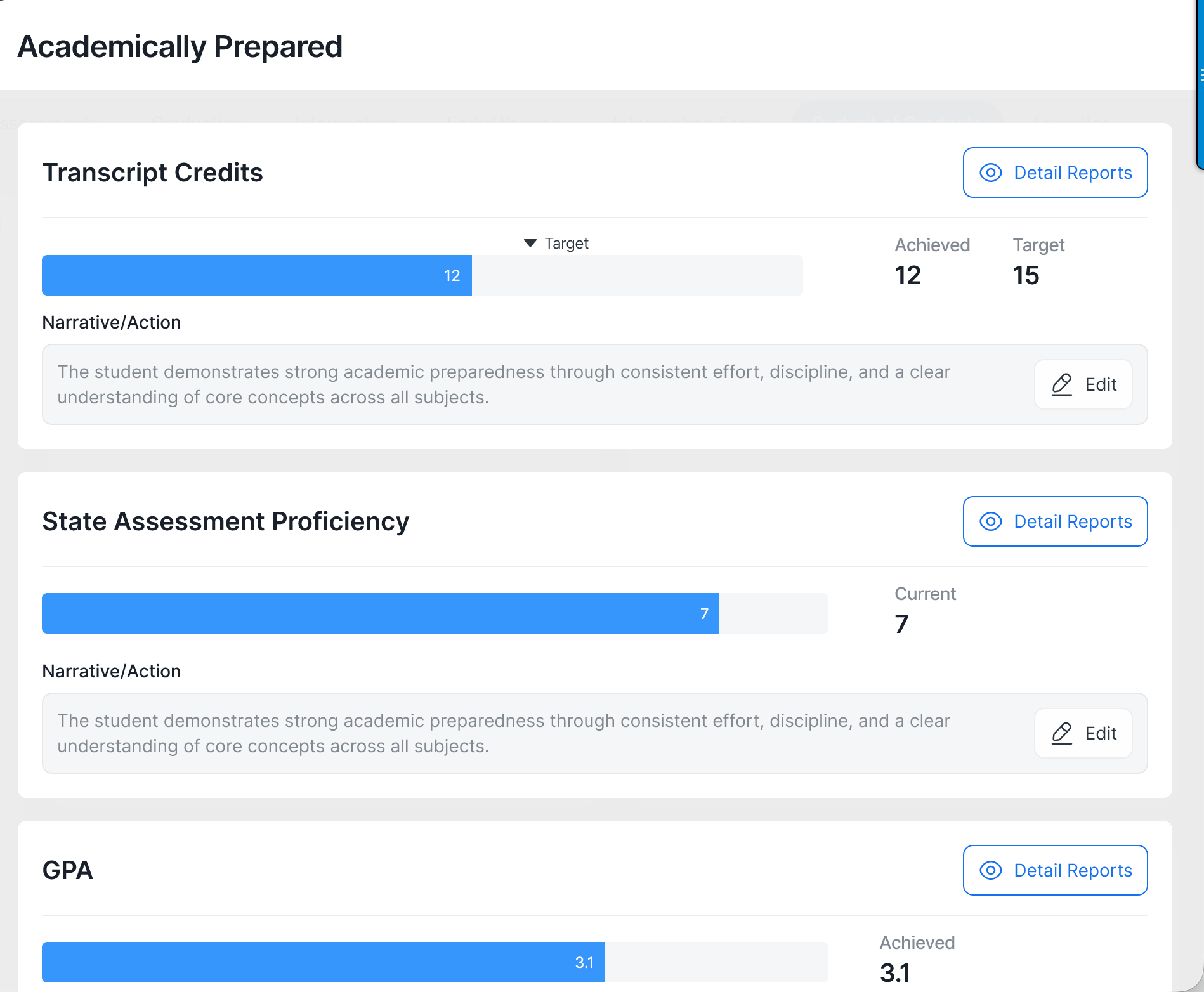 Screenshot displaying "Academically Prepared" metrics from the Portrait of a Graduate dashboard for an individual student, including Transcript Credits, State Assessment Proficiency, and GPA as examples
