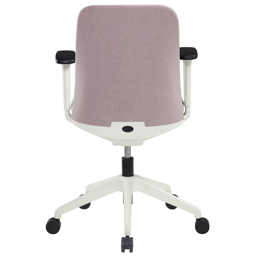 Back view of a pink ergonomic office chair with white frame and adjustable armrests