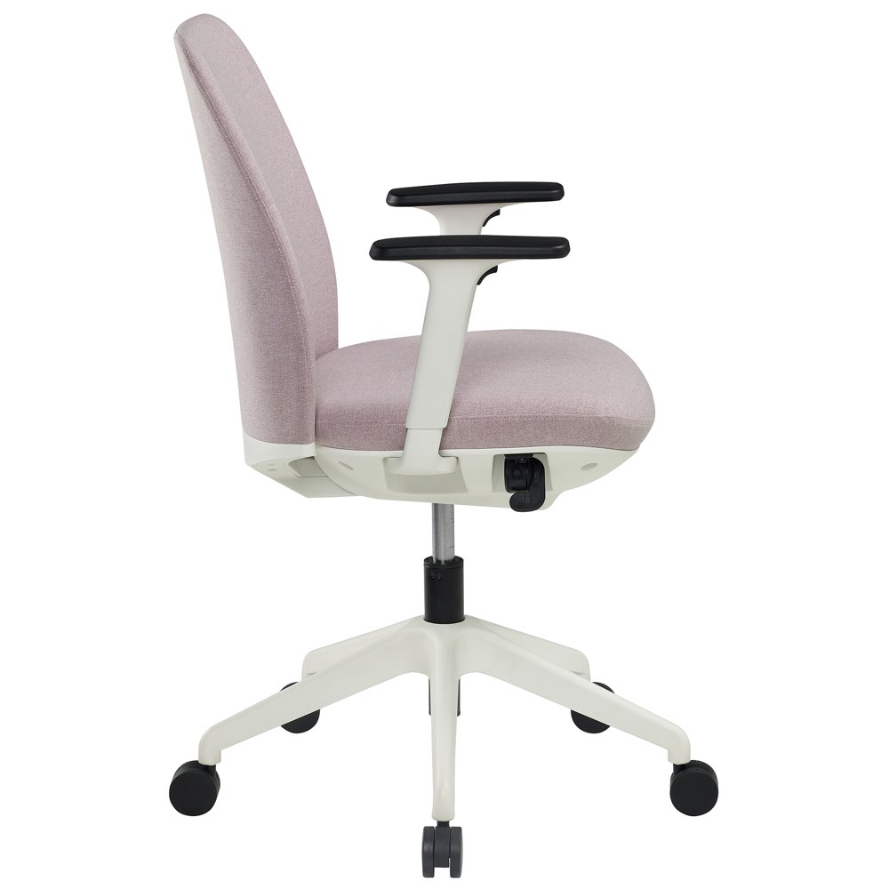 Side view of a pink ergonomic office chair with white frame and adjustable armrests
