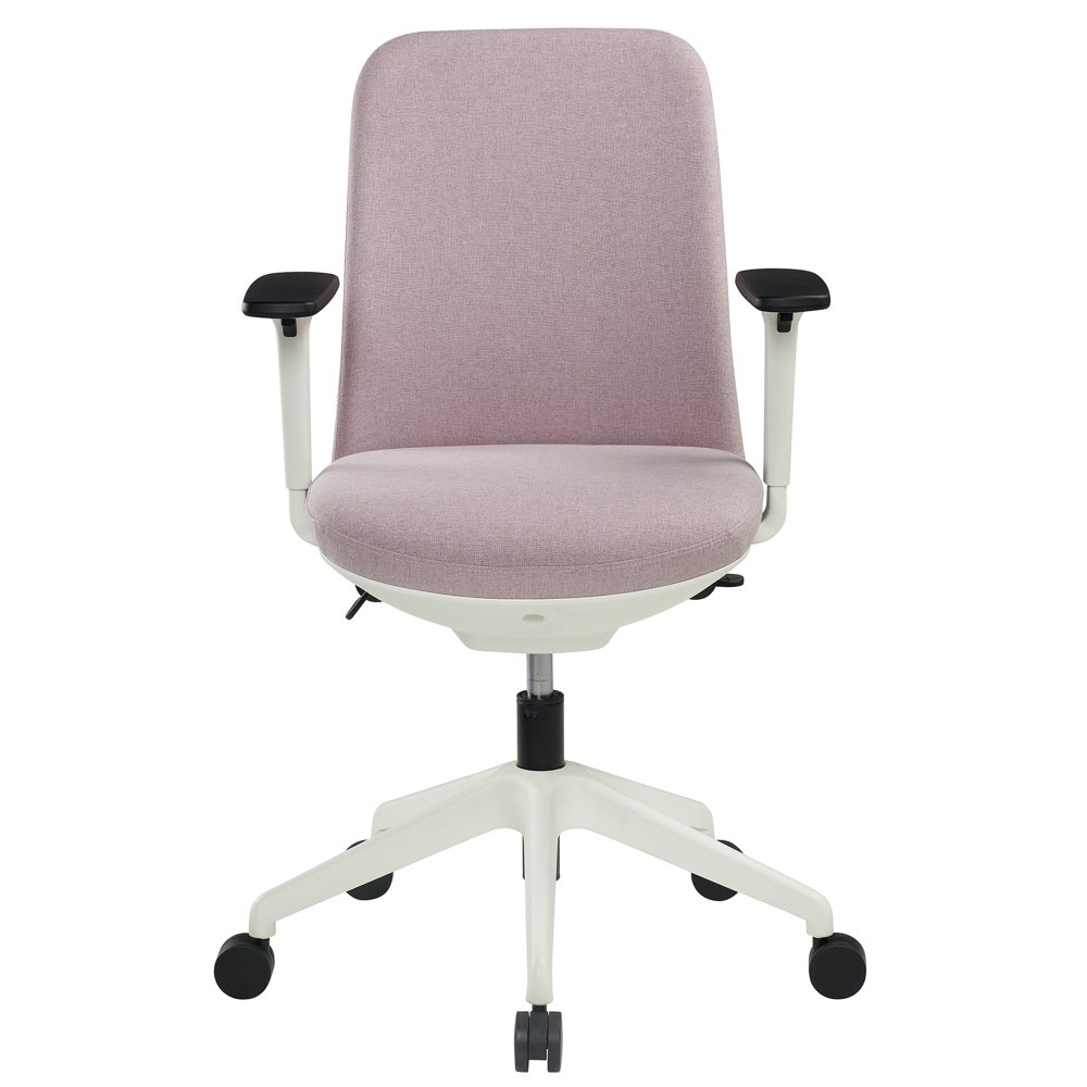 Front view of a pink ergonomic office chair with white frame and adjustable armrests