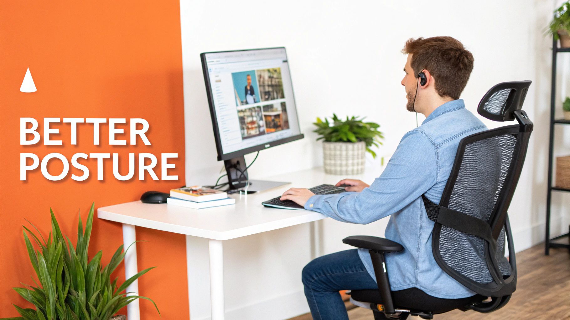 Person sitting at an ergonomic workstation with correct posture, reducing neck strain
