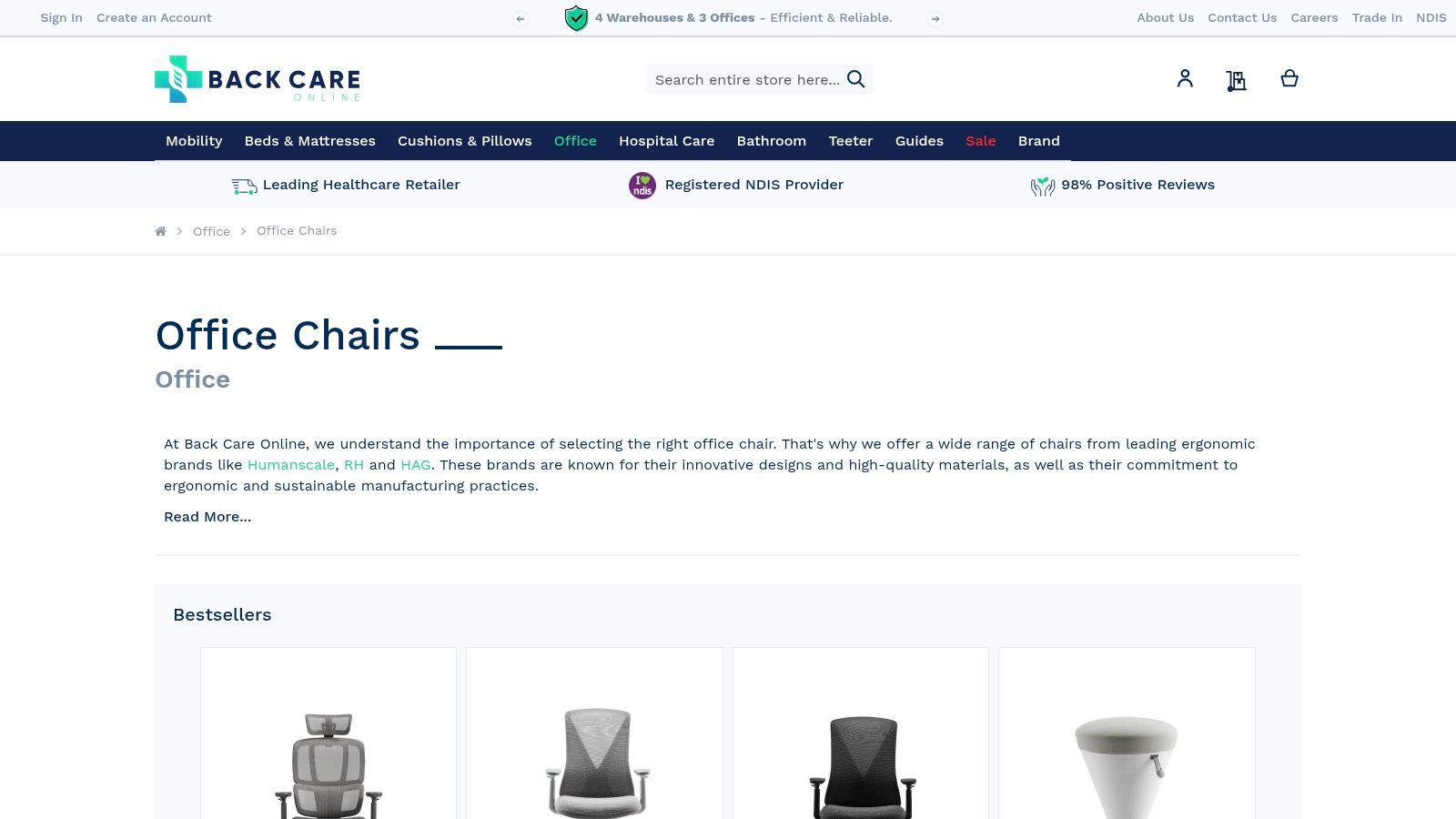 Back Care Online website homepage showing ergonomic chairs