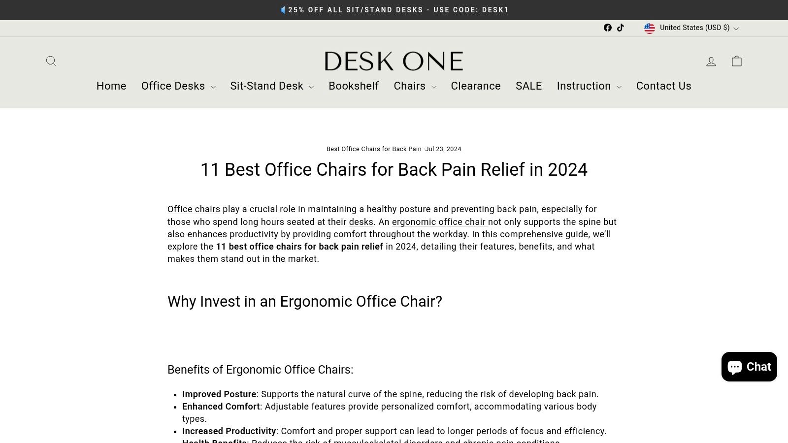 Desk One website showing a listicle of office chairs