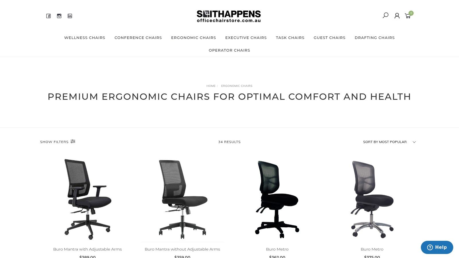 Office Chair Store website showing a selection of ergonomic chairs
