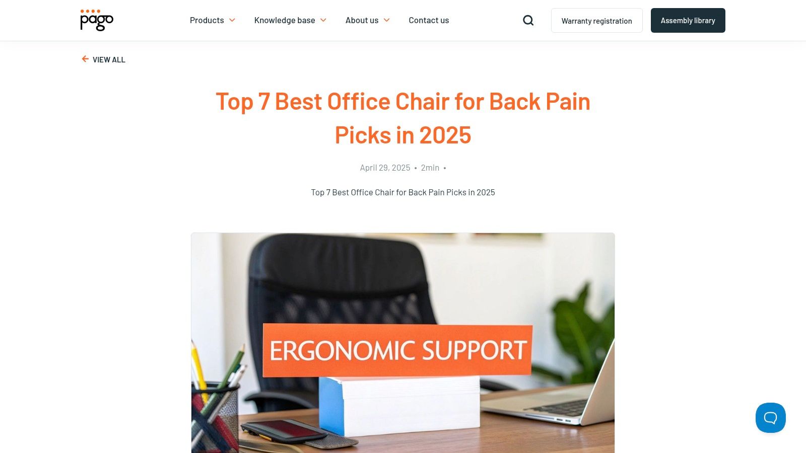 Pago International website showing an article on ergonomic chairs
