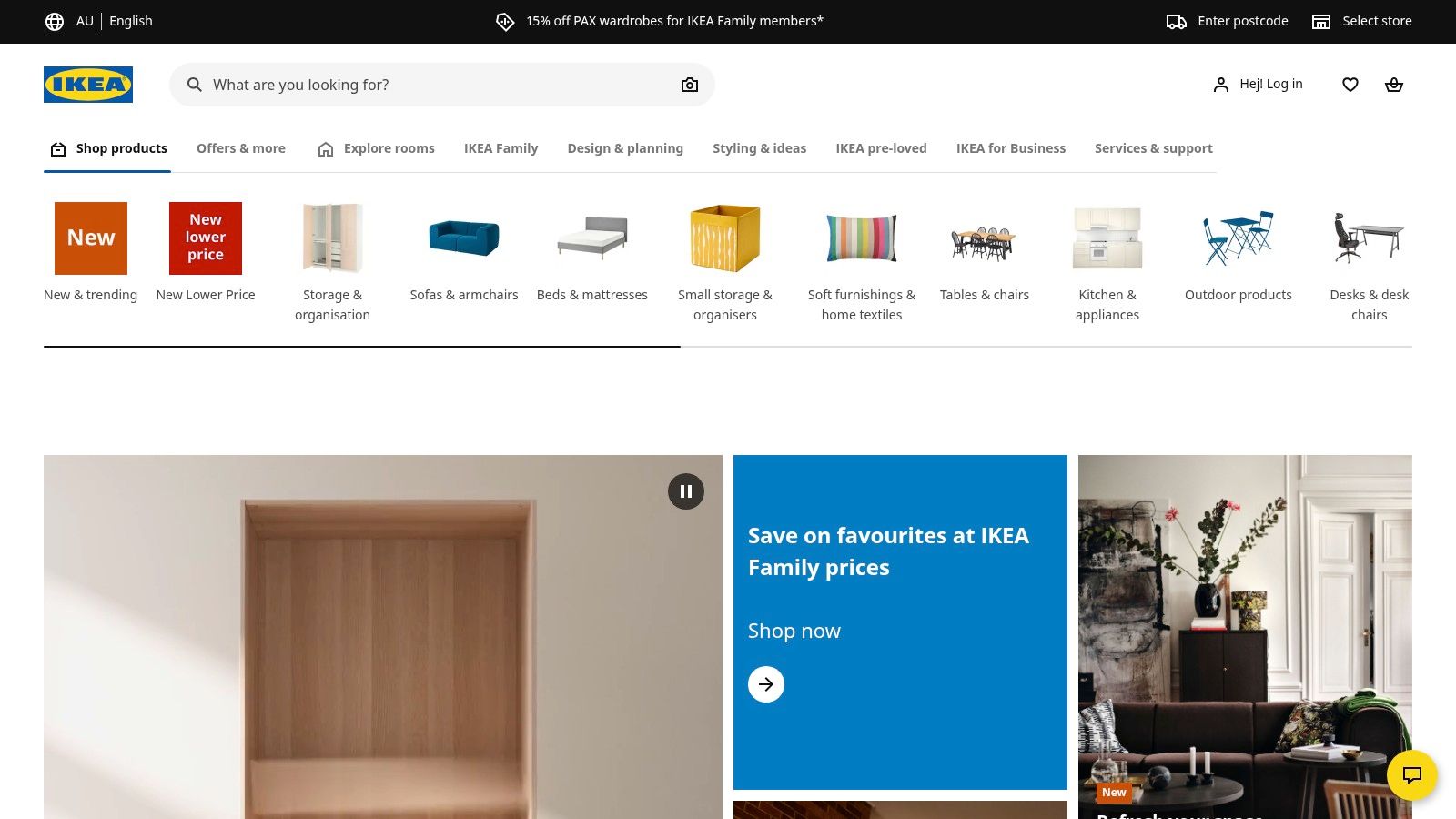 IKEA Australia homepage showing a variety of home furniture and decor.