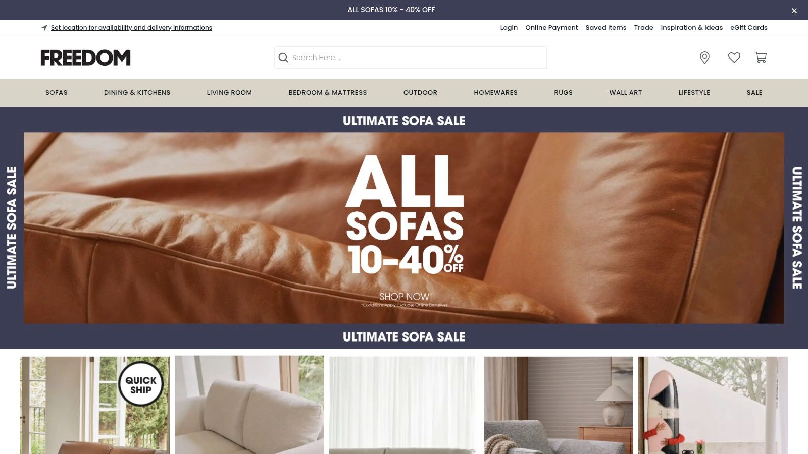 Freedom homepage showcasing stylish furniture for various home settings.