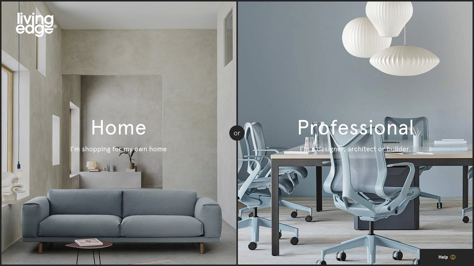 Living Edge homepage featuring high-end designer furniture.