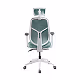 Modern ergonomic office chair with headrest, light gray cushioning, and adjustable armrests on a white background.
