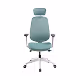 Modern ergonomic office chair with light teal cushioning and adjustable armrests on a white background.