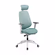 Modern ergonomic office chair with light blue cushions, adjustable armrests, and metal base with wheels.