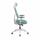 Modern ergonomic office chair with light teal cushions and a white frame on a five-wheel base.