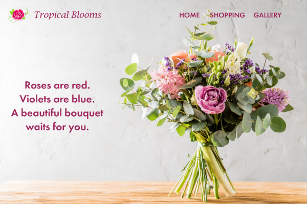 A screenshot of Tropical Blooms - a sample website designed by Cutting Edge Solutions