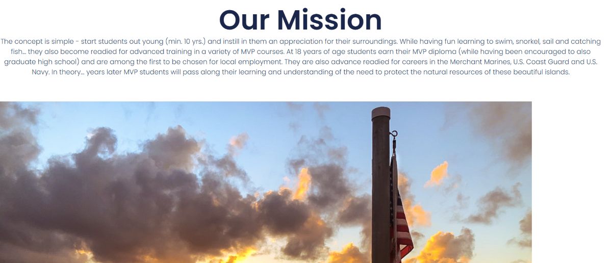 A screenshot of MVP VI's old home page mission section