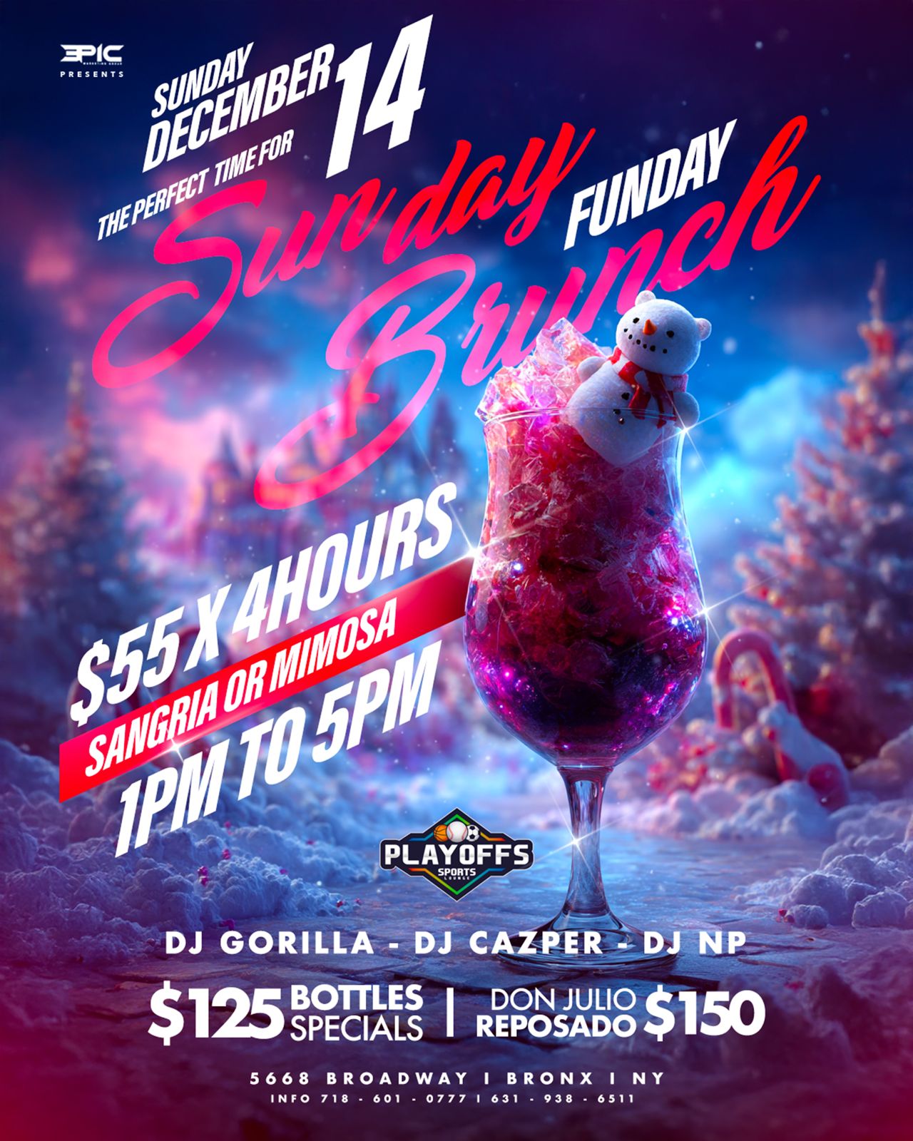 Flyer for Sunday Funday Brunch on December 14th at Playoffs Sports Bar in the Bronx, featuring $55 sangria or mimosa for 4 hours from 1–5 PM, DJs Gorilla, Cazper, and NP, plus bottle specials.