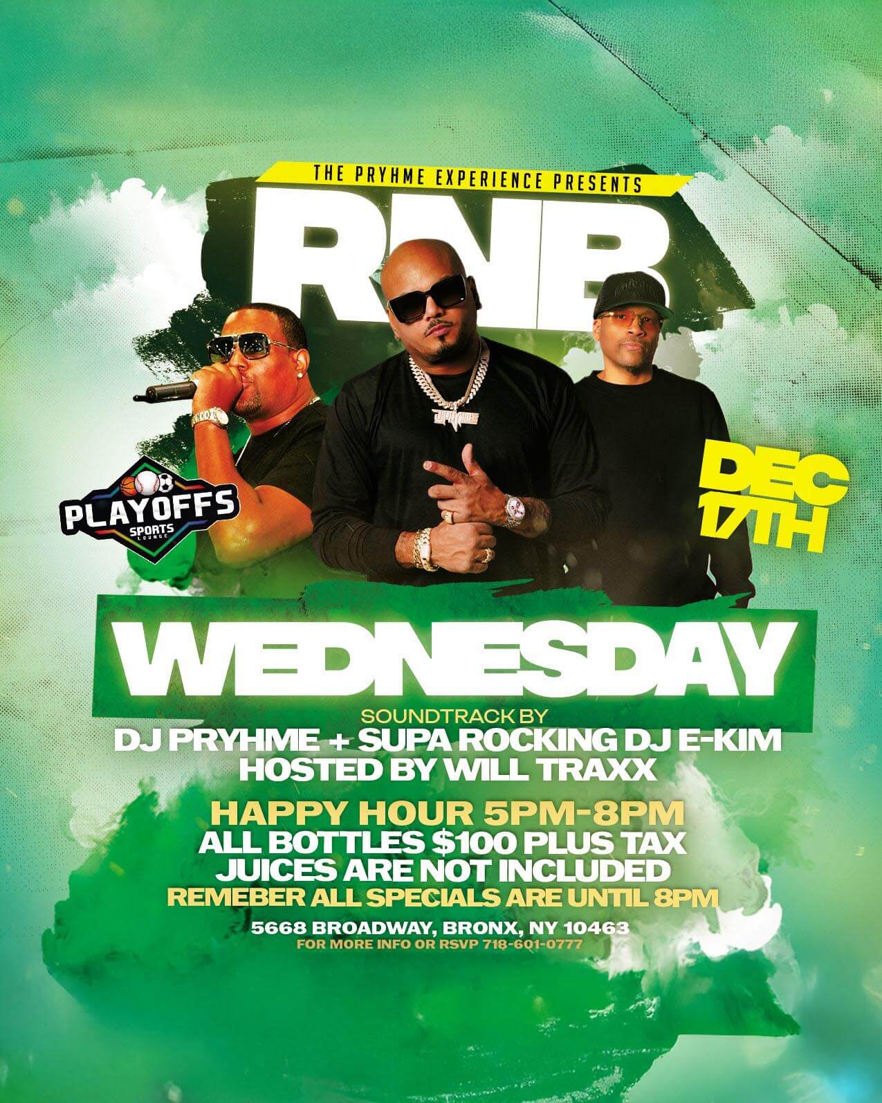 Flyer for the RNB Ugly Sweater Party on Wednesday, December 24th at Playoffs Sports Bar in the Bronx, featuring DJ Pryhme, Supa Rocking DJ E-Kim, and host Will Traxx, with happy hour from 5–8 PM