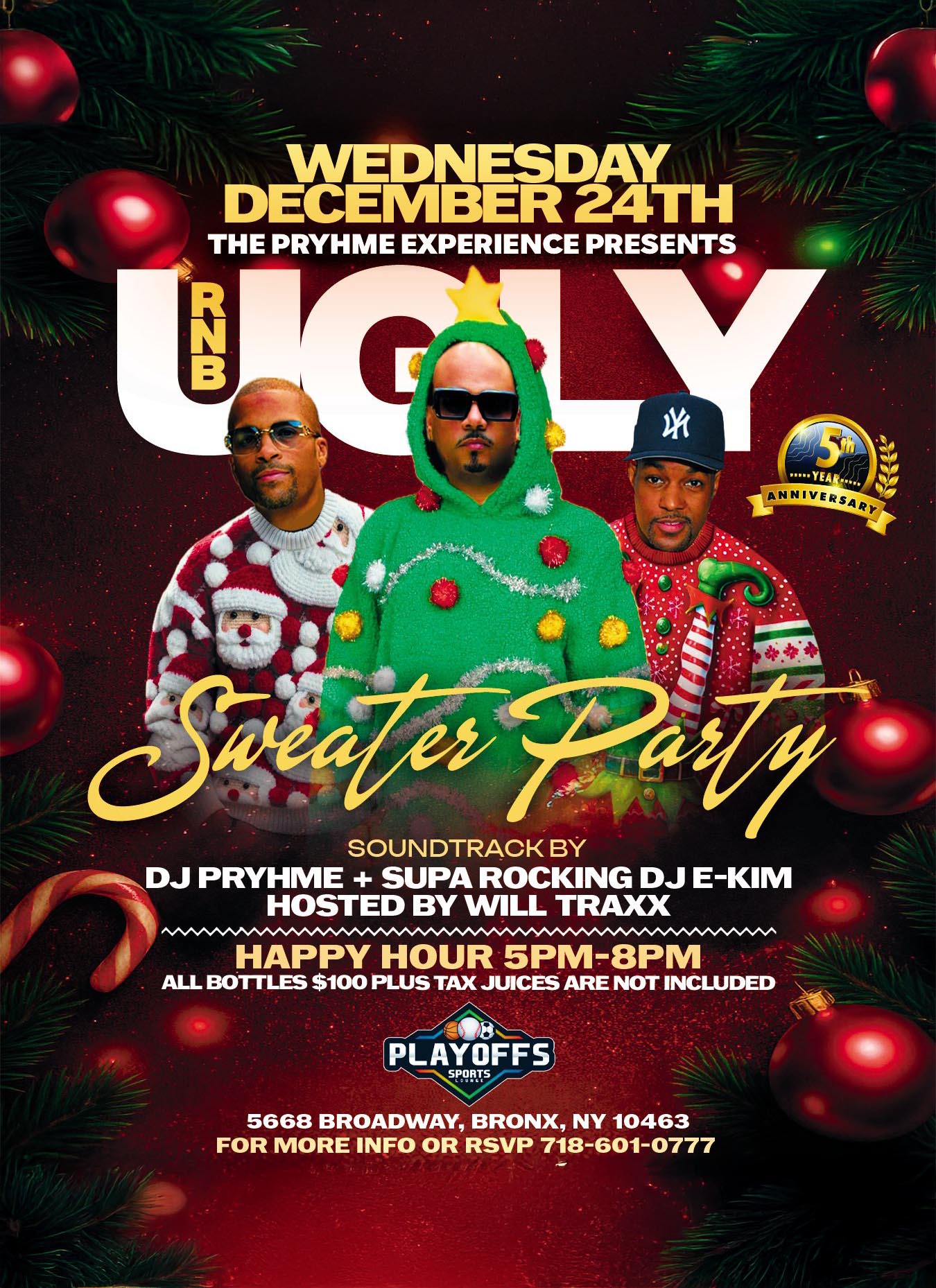 Flyer for the RnB Ugly Sweater Party on Wednesday, December 24th at Playoffs Sports Bar in the Bronx, featuring DJ Pryhme, Supa Rocking DJ E-Kim, and host Will Traxx, with happy hour from 5–8 PM