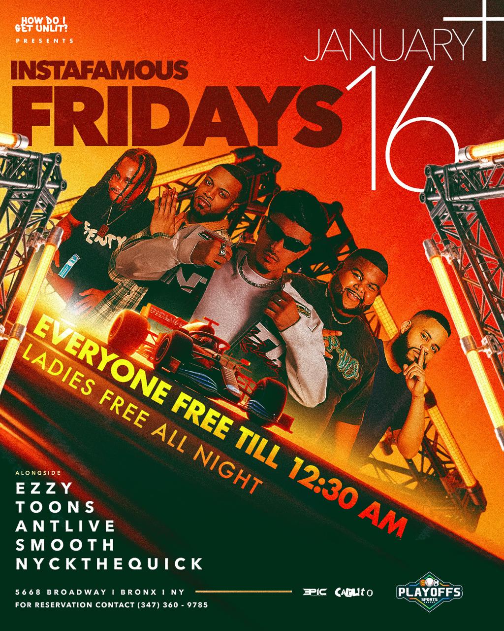 Instafamous Fridays party at Playoffs Sports Lounge in the Bronx with live DJs, ladies free all night, and high-energy Friday nightlife vibes in NYC
