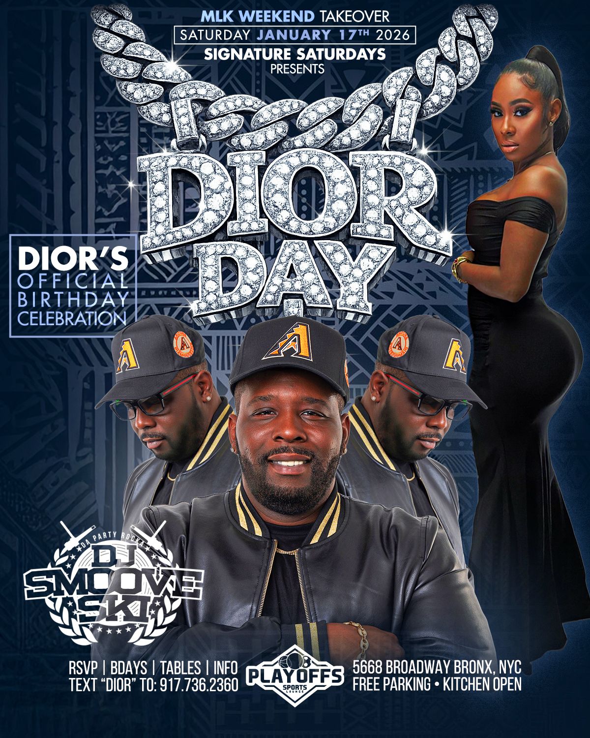 Dior’s Birthday party at Playoffs Sports Lounge in the Bronx featuring DJ Smoove Ski, Signature Saturdays, free parking, and high-energy NYC nightlife