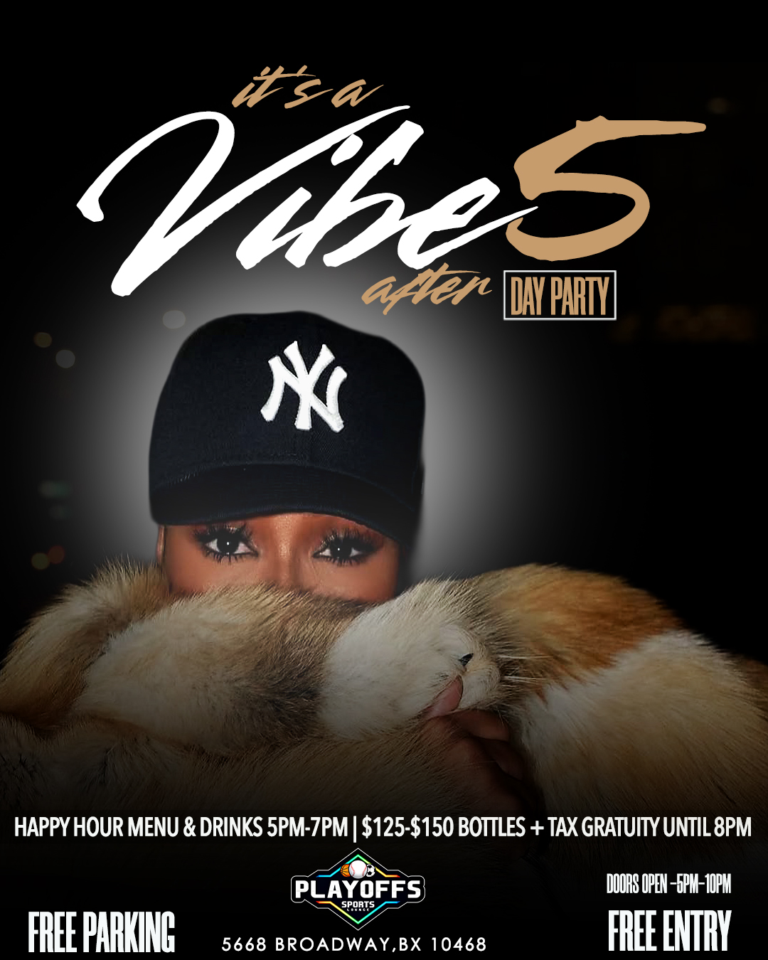 Vibe After 5 day party at Playoffs Sports Lounge in the Bronx with happy hour drinks, bottle specials, free entry, and after-work NYC party vibes