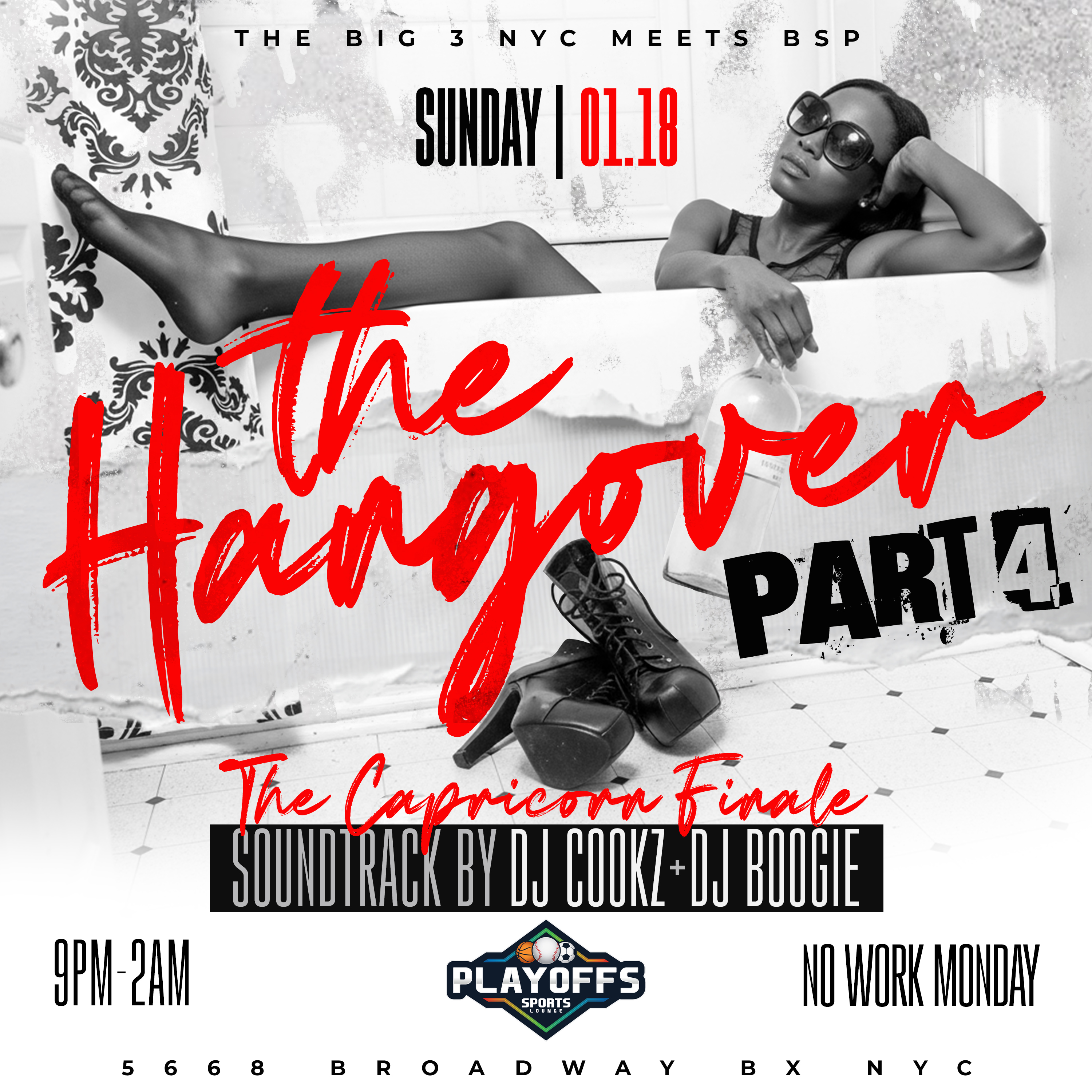 Hangover Part 4 party at Playoffs Sports Lounge in the Bronx with DJs DJ Cookz and DJ Boogie, late-night Sunday party vibes, and no-work-Monday energy in NYC