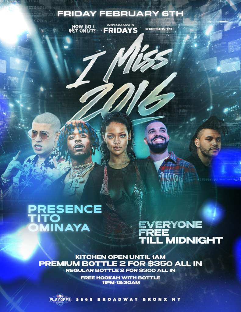 I Miss 2016 hip hop and R&B party at Playoffs Sports Lounge in the Bronx on February 6, throwback 2010s music night, club event on Broadway Bronx NYC with Tito Ominaya