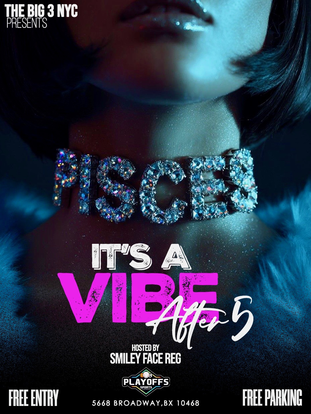 Friday night “It’s a Vibe After 5” party at Playoffs Sports Lounge in the Bronx NYC with free entry, DJ music and free parking