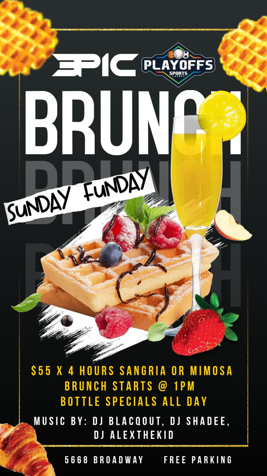 Epic Sunday Funday brunch at Playoffs Sports Lounge in the Bronx featuring waffles and mimosas, bottomless sangria brunch party at 5668 Broadway Bronx NYC