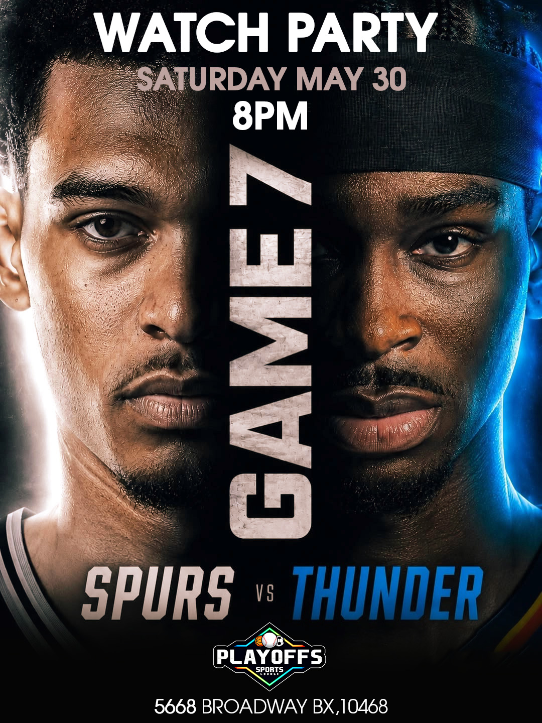 NBA Western Conference Finals Game 7 watch party featuring the San Antonio Spurs versus Oklahoma City Thunder.
