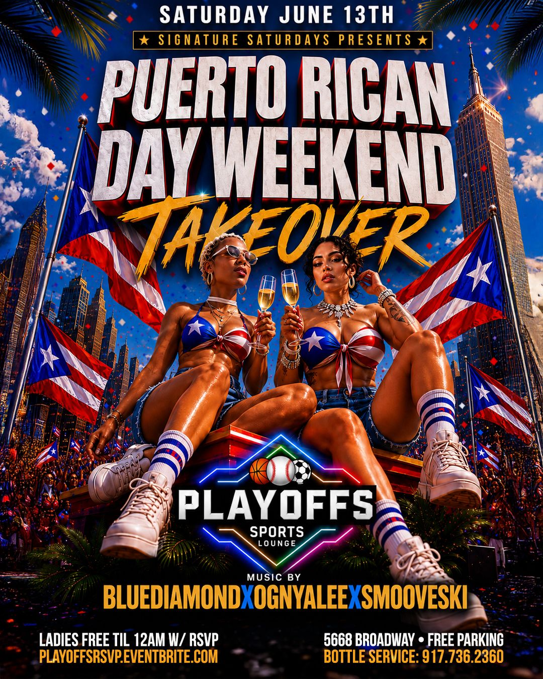 Puerto Rican Day Weekend party flyer featuring Puerto Rican flags, champagne, DJs, nightlife, dancing, bottle service, and a packed celebration atmosphere in New York City.