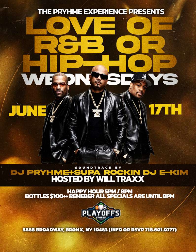 R&B and Hip-Hop Wednesdays flyer featuring DJs, nightlife entertainment, happy hour specials, bottle service, and a high-energy party atmosphere in the Bronx.