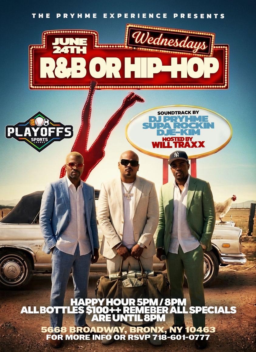 R&B or Hip-Hop Wednesdays flyer featuring DJs, happy hour specials, nightlife entertainment, bottle service offers, and a stylish desert-road backdrop with classic cars.