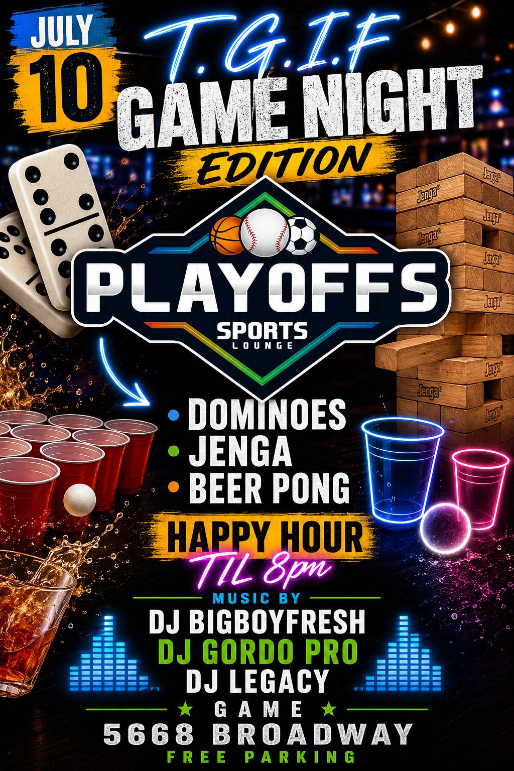 Game Night featuring dominoes, Jenga, beer pong, happy hour, live DJs, and drink specials.