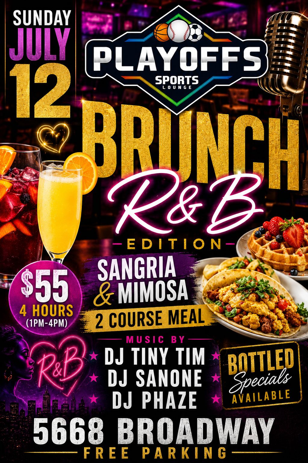 R&B brunch featuring bottomless sangria, mimosas, a two-course meal, live DJs, and Sunday brunch specials.