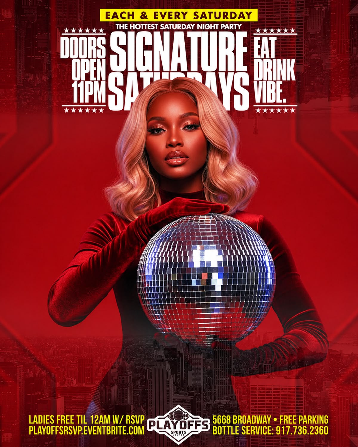 Signature Saturdays nightlife flyer featuring a disco ball, ladies free before midnight with RSVP, bottle service, and late-night entertainment at Playoffs Sports Lounge.