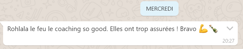 Capture d'écran d'un message de félicitations pour le coaching Panache pour la soirée So good live Panache