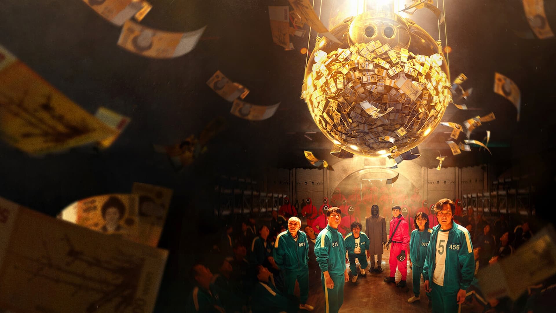 Image de la série Squid Game avec des billets qui tombent du ciel et les joueurs en fond. Panache