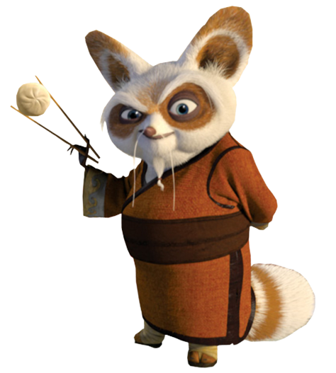 Un personnage de dessin animé, Maître Shifu, tenant des baguettes et une boule de riz, symbolisant sagesse et maîtrise dans Kung Fu Panda.