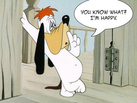 Image de Droopy, le chien de Tex Avery, avec son célèbre 'I'm Happy' tout en affichant une expression blasée. Un exemple parfait de non-congruence, où l'alignement entre les paroles et les émotions est absent. Panache